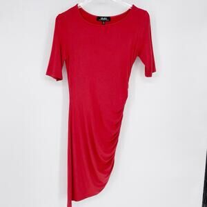 Lulu’s Asymmetrical Bodycon Dress Medium Short‎ Sleeve Fitted Ruched Rust Brick